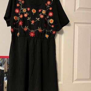 BloomChic Black Midi Dress with Red and Yellow Floral Embroidery size 14/16